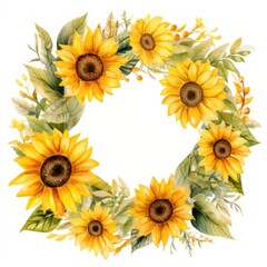 Watercolor circular wreath of sunflowers