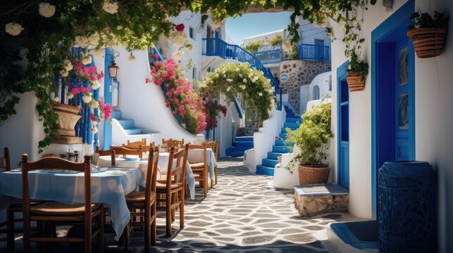 Fototapeta Greek culture with traditional white and blue greek architecture, taverna