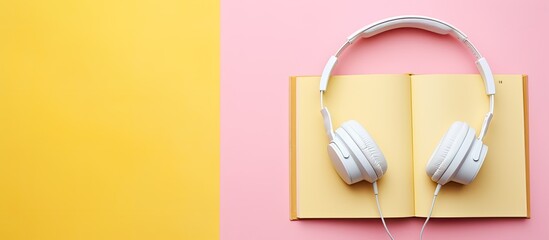 A book and yellow headphones are placed on a pink background, as seen from the top. ample space for copying or adding text.