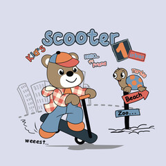 Vector cartoon cute bear playing scooter.