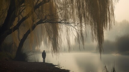 A solitary figure stands beneath a weeping willow tree