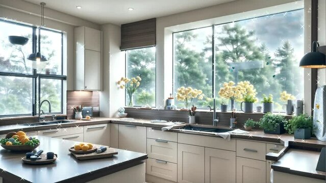 kitchen room interior design with window view, seamless looping video background animation, cartoon style