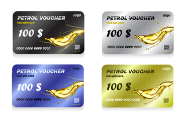 Fuel discount cards. refuel gift coupon, gasoline voucher on petrol fueling diesel vehicle or auto oil, privilege card template of gas station service, premium card with spread oil
