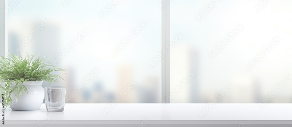 Aufkleber The background is a blurred modern workspace with a window and light, suitable for offices or hospitals. It is a white indoor interior with copy space for advertising and business presentations.