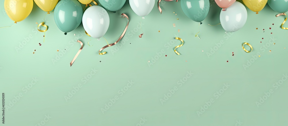 Aufkleber a background image that features birthday balloons, confetti, and ribbons on a pastel green background. is taken from a top view and has enough space for additional text. It would be suitable for
