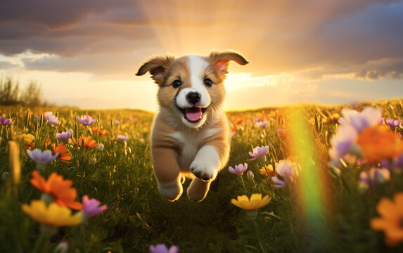  illustration of puppy on the meadow, colorful flowers and rainbow in background. Created with Generative AI