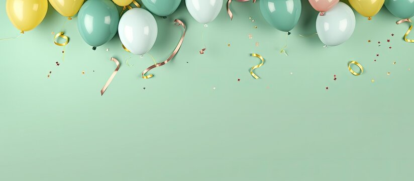 a background image that features birthday balloons, confetti, and ribbons on a pastel green background. is taken from a top view and has enough space for additional text. It would be suitable for
