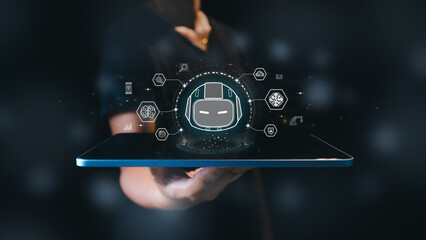 Virtual artificial intelligence global Internet connection with chatbot communicate and interact helping business.Futuristic technology transformation. Automation business technology concept.