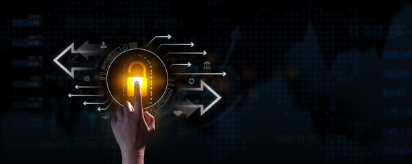 Index finger touching a digital padlock icon on virtual screen. Technology protects data with secure access to the Internet and data privacy protection. Concept of cyber security.