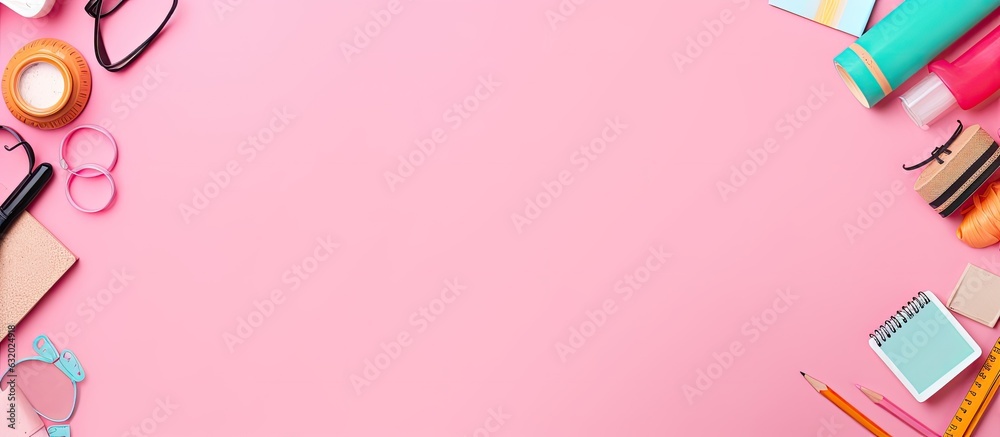 Poster school supplies arranged on a pink background. creative flat lay for back to school with empty space