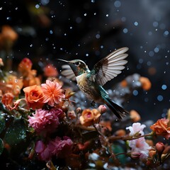 Fototapeta premium Hummingbird flying taken the nectar from the flower Generative AI