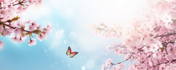 Obraz na płótnie Canvas Spring banner, branches of blossoming cherry against background of blue sky and butterflies on nature outdoors. Pink sakura flowers, dreamy romantic spring, landscape panorama, copy, Generative AI