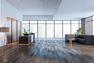 Fototapeta na wymiar Contemporary wooden and concrete office lobby interior with reception desk, panoramic window with city view and other objects. Waiting area and interior designs concept. 3D Rendering.