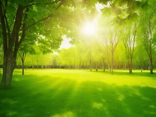 Fototapeta na wymiar Beautiful spring background. View of natural park with a green lawn through young juicy foliage of trees in rays of soft sunlight, Generative AI