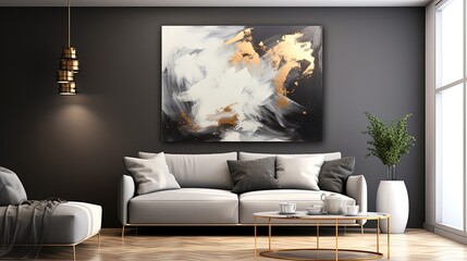 minimal but luxury living room interior design, sofa and abstract painting in black white gold, Generative Ai