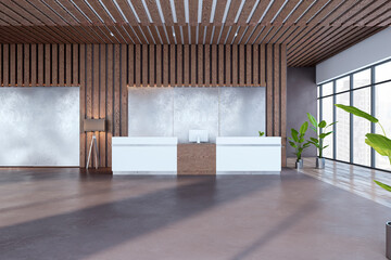 Fototapeta na wymiar Bright wooden and concrete office lobby interior with reception desk, panoramic window with city view and other objects. Waiting area and interior designs concept. 3D Rendering.