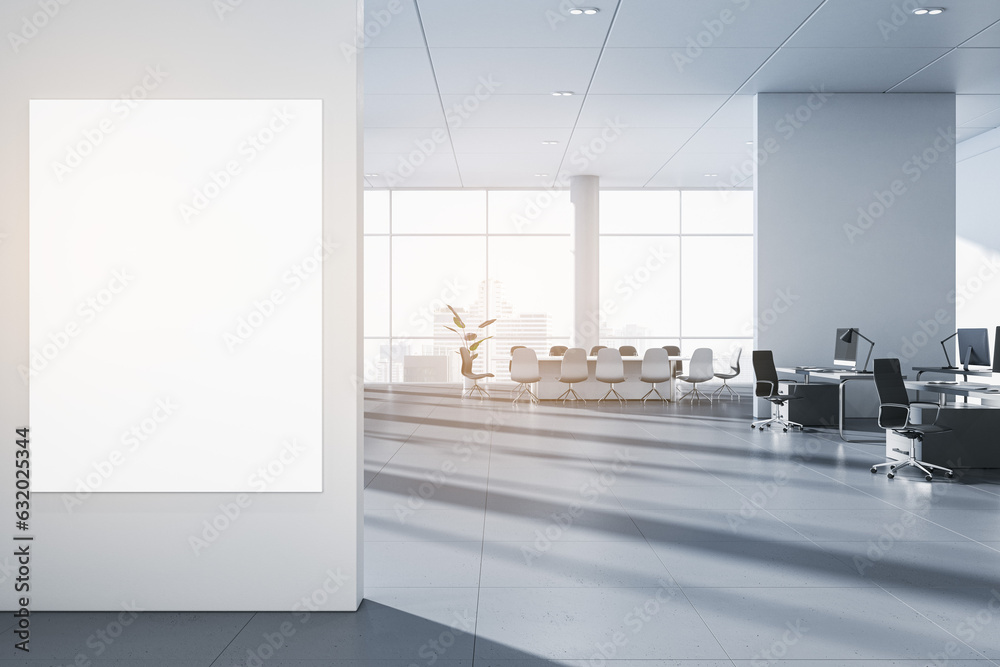 Aufkleber modern spacious white meeting room interior with empty mock up banner on wall, furniture and window 