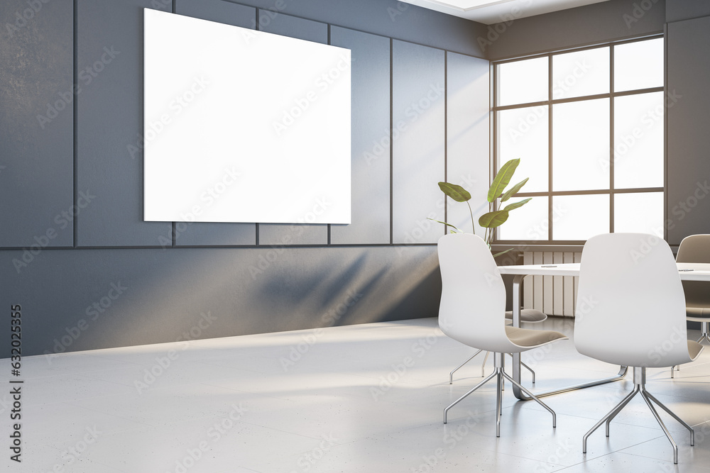 Poster modern concrete conference room interior with empty white mock up banner, furniture and window with 