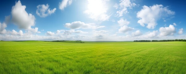Beautiful natural scenic panorama green field of cut grass into and blue sky with clouds on horizon. Perfect green lawn on summer sunny day, Generative AI - obrazy, fototapety, plakaty