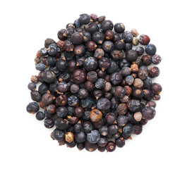 top view flat lay overhead dry juniper berry seed isolated on white background. pile of dry juniper...