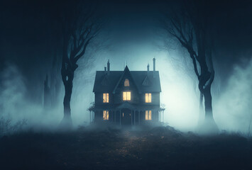 Dwelling of a witch, a sorcerer. Scary old haunted house in the woods. Mystical creepy night fog. 3D rendering. AI generated. - obrazy, fototapety, plakaty