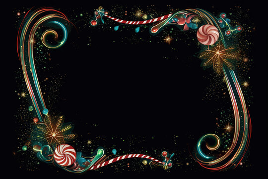 colorful frame  with cute candy cane glowing glitter on dark background There is only one page border. In the middle is a large ornate style space