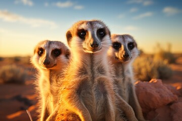 A family of meerkats alert and watching the horizon in the Kalahari desert - AI Generated