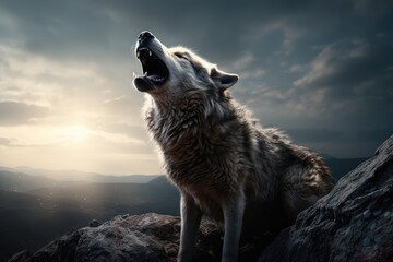 A wolf howling at a full moon on top of a rocky hill - AI Generated