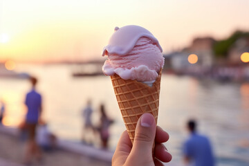Hand holding pink ice cream in cone with beach promenade in background