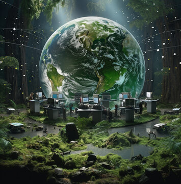 Planet earth with recycle icons and green moss, nature stock photo