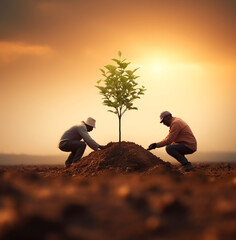 Two people planting trees, nature stock photo