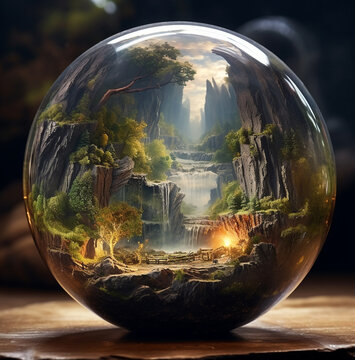 A glass ball with landscapes inside of it, nature stock photo