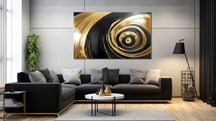 minimal but luxury living room interior design, sofa and abstract painting in black white gold,  mockup idea, Generative Ai