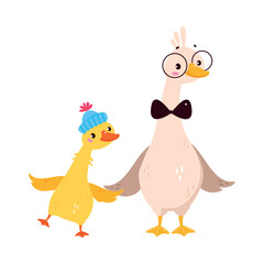 Funny Goose Character Father with Baby Gosling Vector Illustration