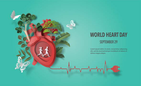 World Heart Day concept, people running with heartbeat line, paper art and craft style, flat-style vector illustration.