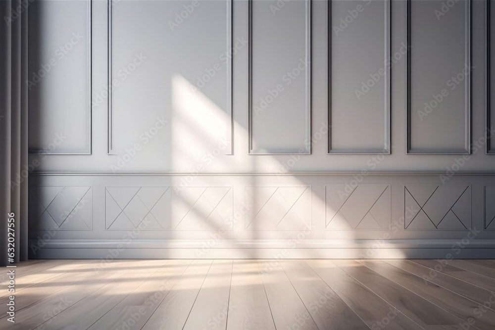 Wall mural Light gray wall with decorative panels and wood flooring with interesting light reflections. Background for the presentation, generated AI, Generative AI