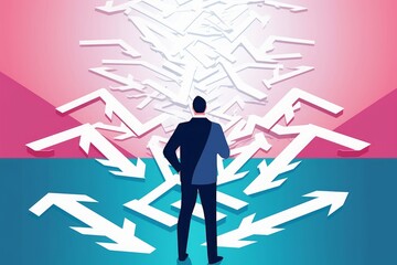 Decision. A businessman looks at arrows pointing to many directions. Concept business  illustration, Generative AI