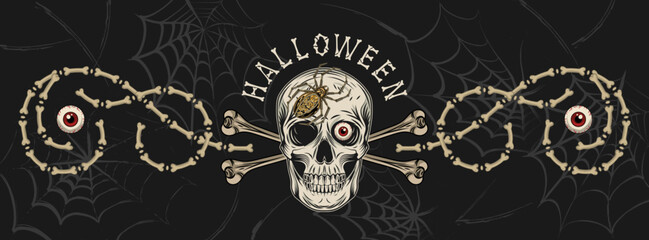 Halloween banner, border with human skull, spider, bones, creepy red eyeball, text. Dark background with distorted spiderweb. Horizontal holiday poster, header for website, social media