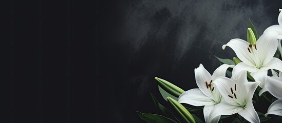 A banner with a dark background and white lily flowers. mourning is depicted through the imagery. Remembering and mourning are emphasized. The photo has a close-up, side view with selective focus - obrazy, fototapety, plakaty