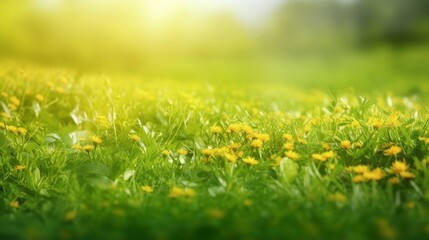 Spring summer natural background. Juicy young green grass and wild yellow flowers on the lawn outdoors in morning, Generative AI