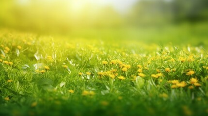 Fototapeta premium Spring summer natural background. Juicy young green grass and wild yellow flowers on the lawn outdoors in morning, Generative AI