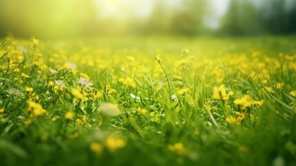 Obraz premium Spring summer natural background. Juicy young green grass and wild yellow flowers on the lawn outdoors in morning, Generative AI