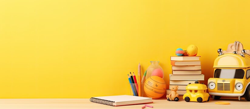 The photo shows a yellow background with educational wooden kid toys and a blank spiral sketchbook notebook on top. represents early education, kindergarten, preschool, and learning and playing.
