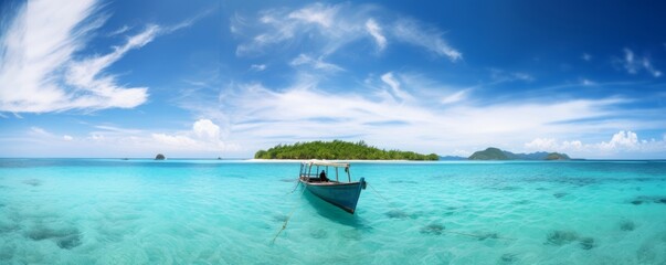 Boat in turquoise ocean water against blue sky with white clouds and tropical island. Natural landscape for summer vacation, panoramic view, Generative AI