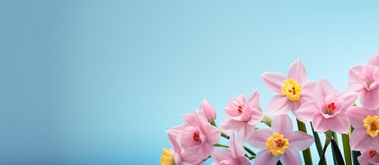 A banner or greeting card concept featuring a pink flower bouquet against a blue background. is ideal for occasions such as Mother's Day or birthdays. The tender fresh spring beautiful narcissus