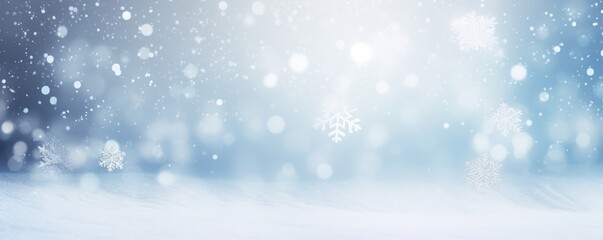Fototapeta premium Winter snow background with snowdrifts, with beautiful light and snow flakes on the blue sky, beautiful bokeh circles, banner format, copy space, Generative AI