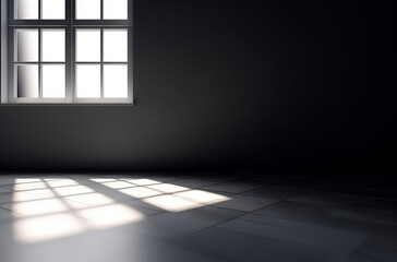 Black wall and smooth floor with beautiful window shadow and sun glare. Universal background for product presentation, Generative AI