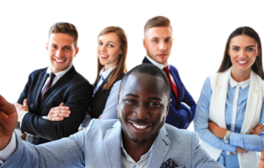 People taking selfie at business meeting on a transparent background