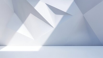 Original widescreen background image in minimalistic design with geometric shapes of light and shadow for presentation of various products in grey-blue, Generative AI