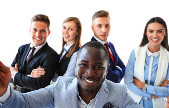People taking selfie at business meeting on a transparent background